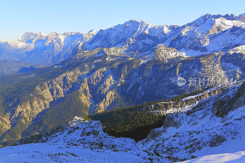 在白雪皑皑的阿尔卑斯山顶，田园诗般的风景，雄伟的巴伐利亚阿尔卑斯山，戏剧性的巴伐利亚德国雪山全景，Garmisch Partenkirchen，德国